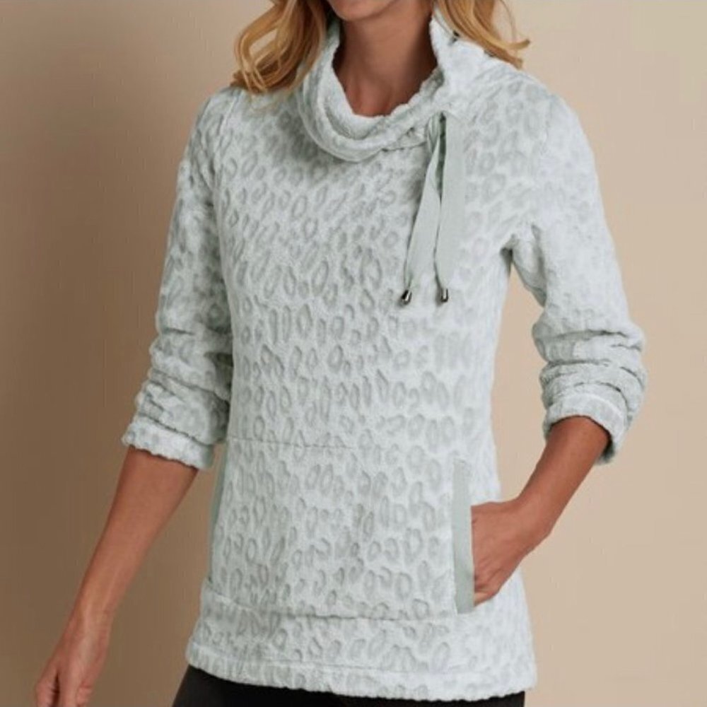 Soft Surrounding Tanzania Gray Leopard Pullover Fuzzy Teddy Cozy Sweatshirt M